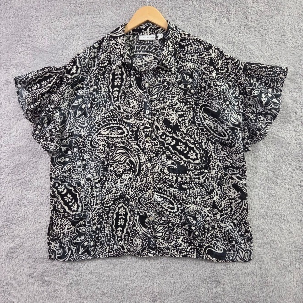 Susan Graver Blouse Women Medium Black White Paisley Flutter Sleeve Button Down
